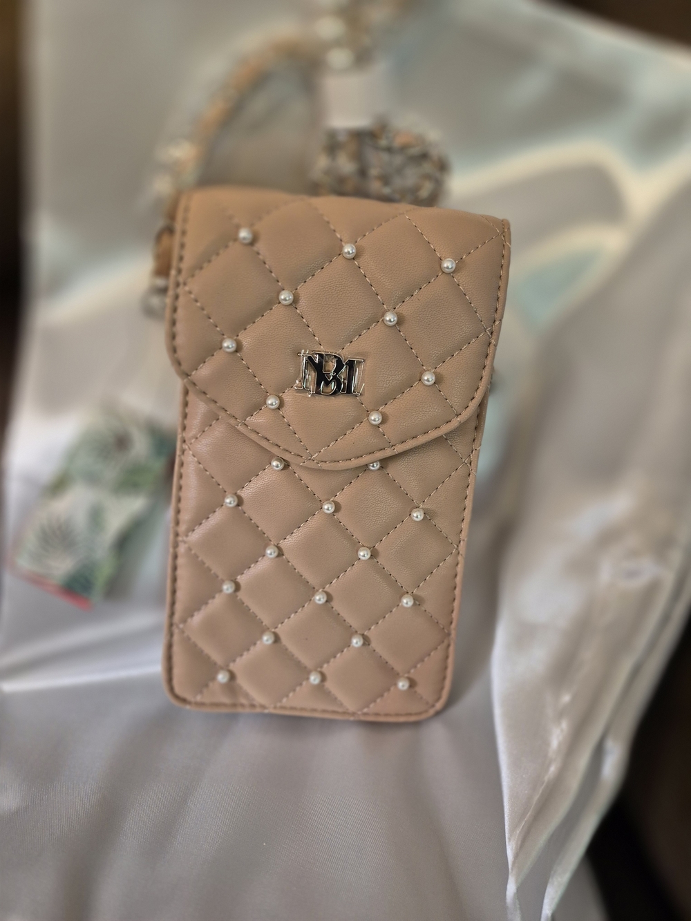 Badgley Mischka Quilted Pearl-Embellished Mini Crossbody in Nude Blush